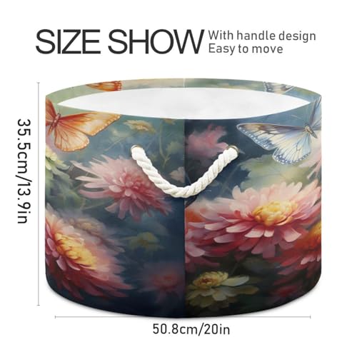 Round 7butterfly Chrysanthemums Spring Storage Basket Large Organizer Bin Laundry Hamper Toy Storage Basket with Handle for Nursery Clothes Toys 202b3963