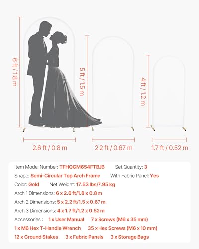 Image of VEVOR Arch Backdrop Stand, Set of 3, 6 /5 /4 ft, Stable Structure, Easy Assembly, Gold Metal Arch Backdrop Stand with Cover, for Wedding, Birthday Party, Graduation, Celebration, and Ceremony Decoration
