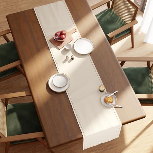 Image of Encasa XO Dining Table Runner for 4 Seater | Pure Cotton Hemstitched Design | Size 32x150 cm | Natural - Machine Washable