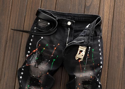 Men's Street Fashion Trendy Embroidered Ripped Star Print Jeans3