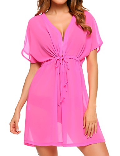 Avidlove Bikini Cover-Up Swimsuit Sexy Chiffon Beachwear Sheer Blouse Front Tie Kimono Pink, M #TOP1