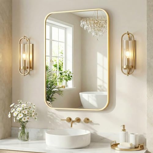 Image of NEWBULIG 30X48 Inch Bathroom Mirror, Rectangle Wall Mirror with Rounded Corners, Gold Vanity Mirrors for Bathroom Sink with Metal Frame for Bedroom, Entryway, Hangs Horizontally or Vertically