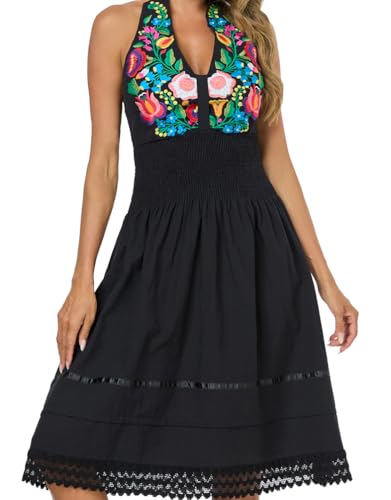 Image of Womens Mexican Floral Embroidered Halter Maxi Dress Side Slit Boho Dress | Sleeveless Halter Neck High Split, Fiesta Party Sundress, Elastic Smocked Waist, Cotton Summer Maxi Dress