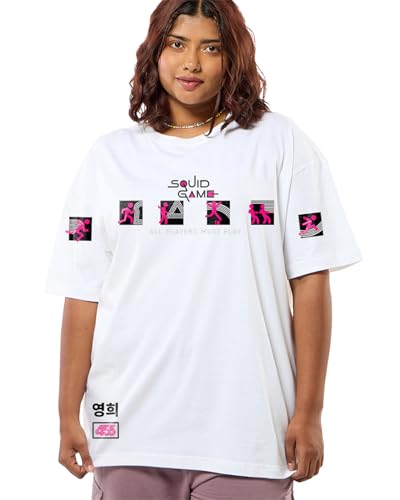 Image of Bewakoof Official Squid Game Merchandise Women's Graphic Print Oversized Fit Half Sleeve Round Neck Pure Cotton Plus Size T-Shirt