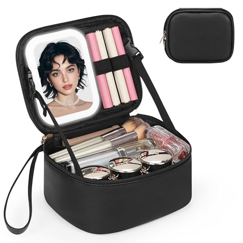 Relavel Travel Makeup Bag with Led Mirror, Small Foldable Cosmetic Pouch