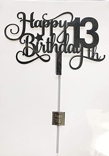 Image of FestikoBlack Glitter 13th Birthday Cake Topper, Happy 13th Birthday Cake Topper, 13th Birthday Party Decorations