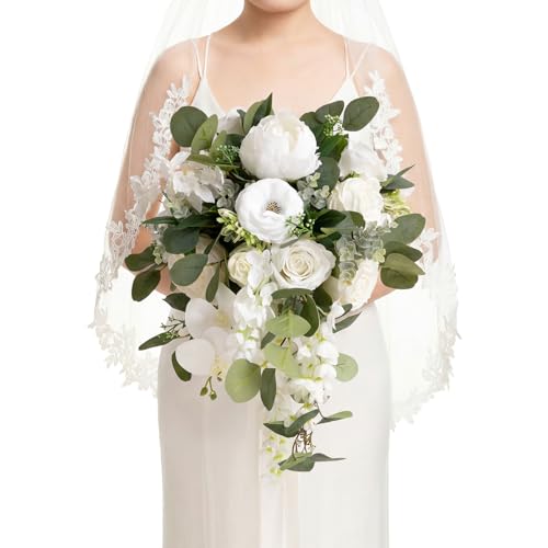 Ling's moment White Bridal Bouquet Cascading, White Wedding Bouquets for Bride, 13 Inch Ivory Bride Bouquets for Wedding Artificial Flowers Bouquets