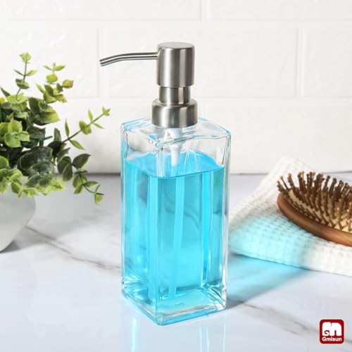 Image of GMISUN Glass Soap Dispenser with Stainless Steel Pump, Clear Hand Soap Dispenser for Bathroom, 12 fl oz /350ml Dish Dispensers for Kitchen, Modern Refillable Liquid Soap Lotion Bottle for Countertop