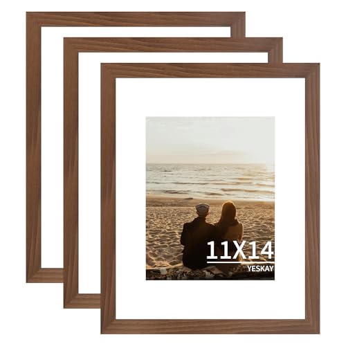YESKAY 11x14 Picture Frame 3 Pack Brown Wooden Frame with Tempered Glass Display Pictures 8x10 with Mat or 11 x 14 Without Mat 11 by 14 Photo Frame for Wall Hanging