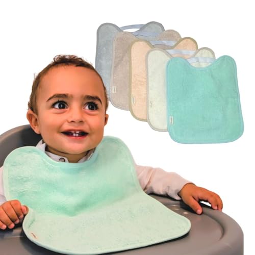 Baberos bebe impermeables |Packs- Baberos goma elastica guarderia| 6 meses hasta 4 años| Fáciles de Poner y Quitar De Rizo-Tela Impermeable, Ideal para Guarderia |Fabricados España- ICE PACK 5