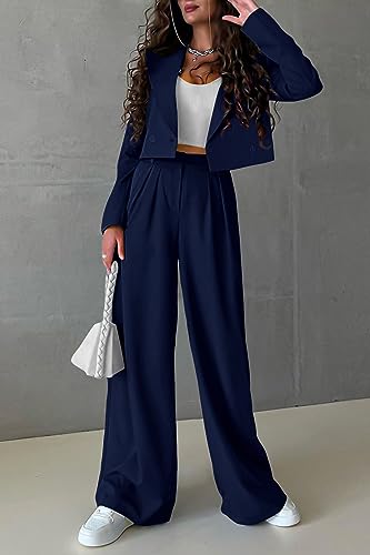 PRETTYGARDEN Women's 2 Piece Casual Outfits Cropped Blazer Jackets High Waisted Wide Leg Work Pants Suit Set2