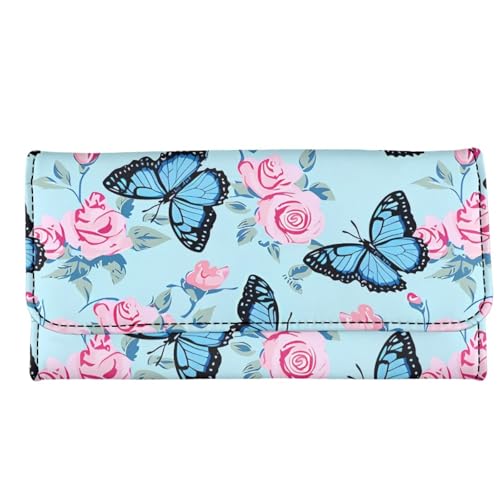 Image of AFPANQZ Wallet for Women Credit Card Holder with Coin Purse and Zipper Wallet, Blue Butterfly Rose Women's Clutch Organizer with Christmas Lights Snowman Crutch