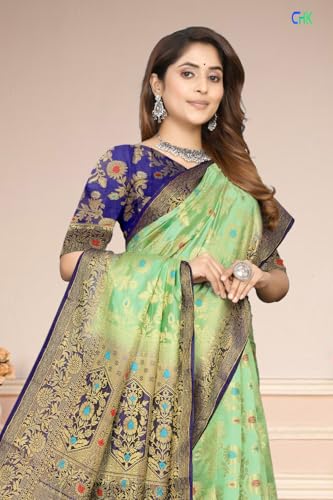 Image of Banarasi Art Silk Saree for Women with Floral Motifs & Dark Green Border for women