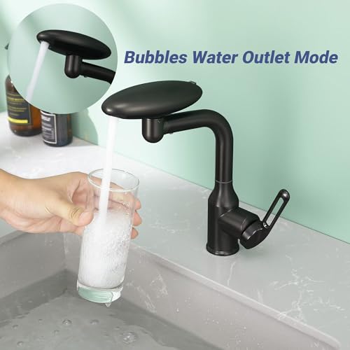 Image of Waterfall Bathroom Sink Faucet, Multifunctional Basin Faucet with 4 Water Outlet Modes Single Hole, Modern 360Rotatable Bathroom Faucet with Two Water Supply Pipes, Matte Black
