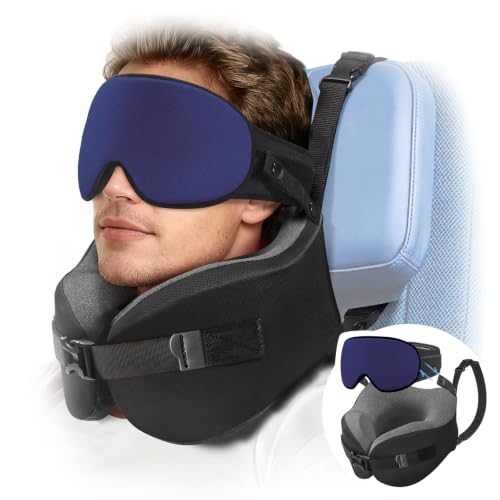Image of YFONG Travel Pillow with Head Support & Sleep Mask for Long Flights, Blue | Patented 360 Support System, Prevents Bobbing, Airplane Head Strap, 3D Eye Mask, Memory Foam Neck Pillow, Travel Essential
