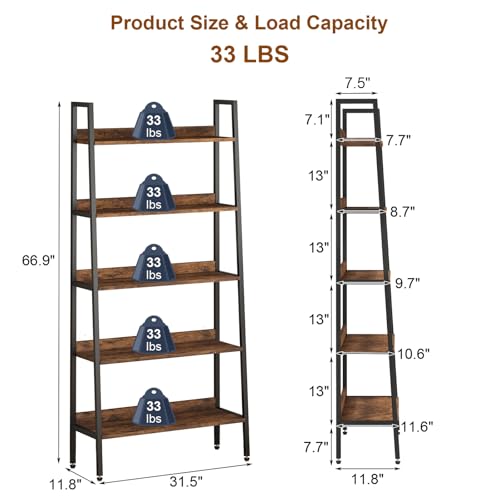 GarveeHome 5 Tier Bookshelf, Narrow Home Office Book Shelf Display Rack, Rustic Brown Storage Organizer with Open Shelves, 67" Tall Wood Bookcase with Metal Frame for Bedroom Kitchen Living Room