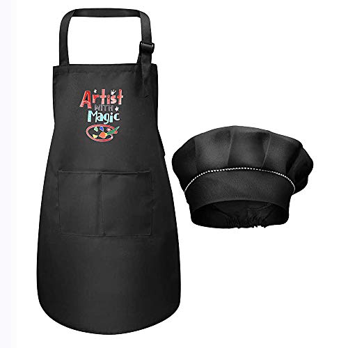 VINFUTUR Delantal y Gorro Cocina Niños Negro, Delantal+Gorro para Cocinero Infantil Juego de Chef Infantil Mandil para Pintar Manualidad DIY Hornear Fiesta