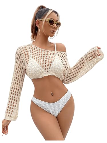 SHENHE Women's Hollow Out Crochet Beach Cover Up Sheer Long Sleeve Crop Beach Top3
