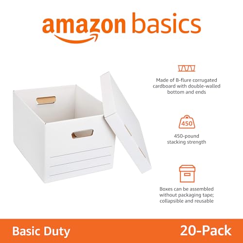 Amazon Basics Storage/Filing Boxes with Lift-Off Lid, Letter/Legal Size, Collapsible, Tape-Free Assembly, White, 16.2" L x 12.5" W x 10.5" H, 20-Pack by Amazon Basics - Image 2
