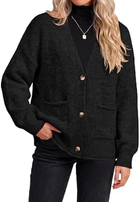 dowerme Women's Casual Button Down Chunky Cropped Cardigan,Black,L