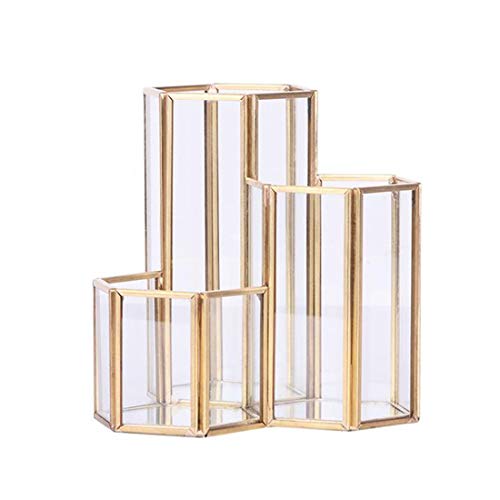 Verve Jelly Glass Makeup Brush Holder Organizer, 3 Tube Copper Transparent Cosmetic Holder Hexagon Pen Holder Cosmetic Accessories Storage Box Desk Organizer for Dresser Vanity Countertop Office