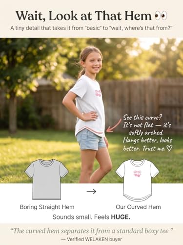 Image of WELAKEN Girls Soft T-Shirt with Curved Hem, Breathable Stretchy Rayon Crewneck Short Sleeve Tees, Kids Everyday Basic Top