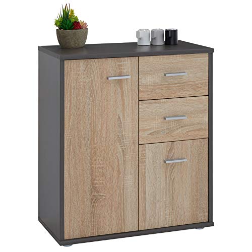 IDIMEX Buffet Remy, Commode Meuble de Rangement avec 2 tiroirs et 2 Portes, en mélaminé Gris Mat et décor chêne Sonoma