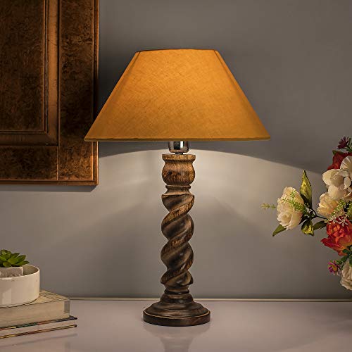 Image of Homesake Handcrafted Wooden Table Lamp for Bedroom & Living Room|Decorative Bedside Reading Lamp, E27 Holder|Bulb Included |Twister Classic Black Wooden Rustic for Home Decor, Golden Cone Shade