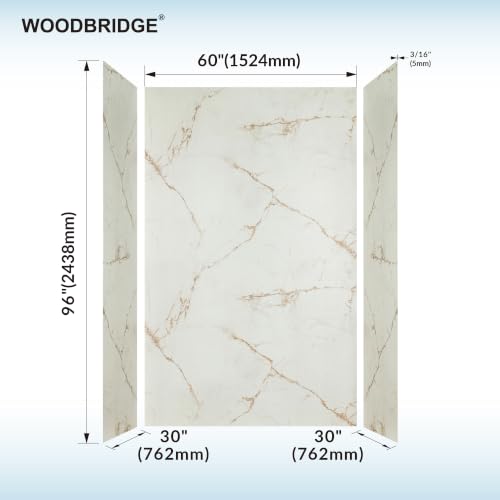 Image of WOODBRIDGE 60 inchW x 30 inchD x 96 inchH 3-Piece Solid Surface Shower Wall Panels, Beige Marble with Soft Brown Veining, Trimmable, Quick Install, BRW-6030-CO96