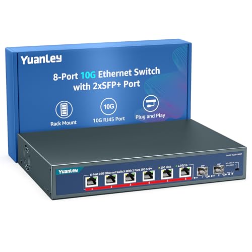 Image of YuanLey 8-Port 10G Ethernet Switch, 6 x 10Gbps RJ45 Ports, 2X 10Gbe SFP+ Ports, Support 10G /5G /2.5G /1G /100Mbps Speed Auto-Negotiation, 160Gbps Switching Capacity, Unmanaged Switch Rackmountable