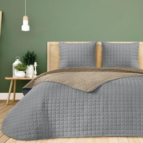 DHESTIA HOME - Colcha Bouti Reversible Albir Cosida Cuadros Hotel (280x260 cm - Cama 180/200, Gris)