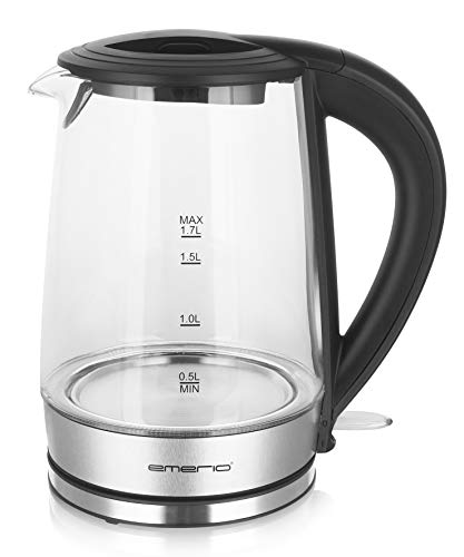 Foto von Emerio WK-123132, Glas Wasserkocher 1.7L, BPA frei, bestes Borosilikatglas, 2200 Watt, schöne blaue LED Beleuchtung, Auto Off, Überhitzungsschutz, mit hochwertigem Edelstahl abgedecktes Heizelement