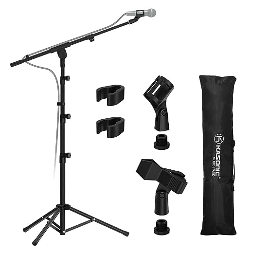 Kasonic Microphone Stand, Heavy Duty Adjustable Collapsible Tripod Boom Mic Stands with 2 Mic Clip Holders for Performance, Karaoke Singing, Speech, Wedding, Stage and Outdoor Activity - Black