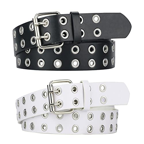 Image of 2 Pack Grommet Leather Belts for Women, Studded Belt Women Men