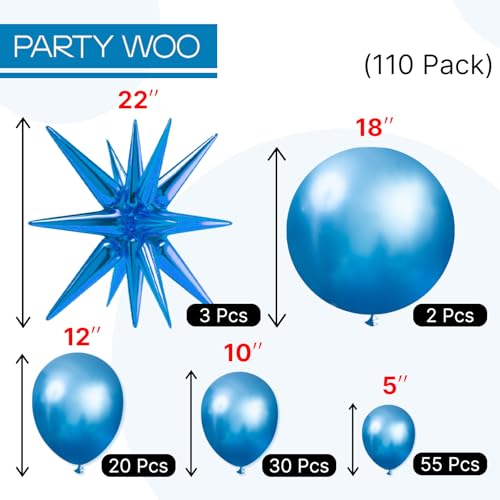 Image of PartyWoo Metallic Blue Star Balloons 110pcs Different Sizes 18 12 10 5 Inch Pack 22 Inch Navy Blue Spike Star Explosion Foil Mylar Balloon Arch Kit for Birthday Party Decorations Blue-G106