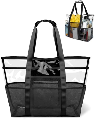 Maffuno Extra Large Clear Tote Bag: Plastic Waterproof Beach Pool Bag Travel Mesh Tote Sandproof for Pool Vacation Camping Cruise Essentials Gifts (Black, X-Large)