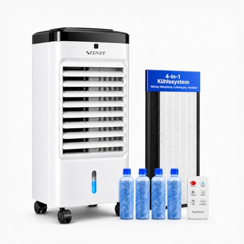 ZENET ZET-483 Aire Acondicionado Portátil & Climatizador Evaporativo: Ventilador con Agua, Enfriador de Aire 4 en 1, Silencioso, 3,5L, 65W, Mando – Ideal para Habitación y Oficina Sin Instalación