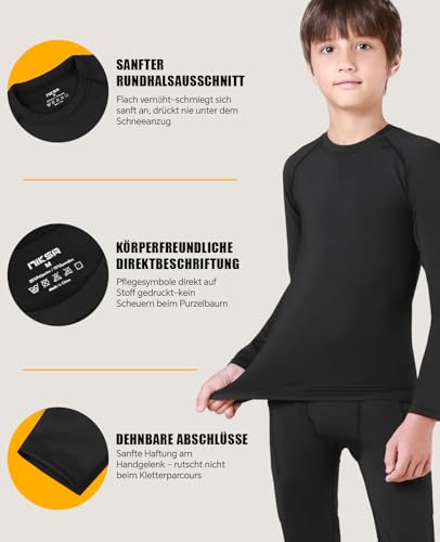 Niksa Thermounterwäsche Set für Jungen 5-12J - Extra Warme Ski & Sportunterwäsche, Hochatmungsaktiv als Basis für Fußball, Wandern & Radfahren,4 Jahreszeiten Funktionswäsche