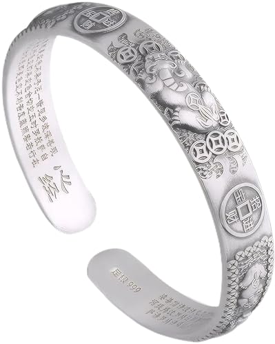 Glowave 999 Sterling Silver Feng Shui Pixiu Bracelet, Adjustable Pi Xiu Mantra Fortune Protection Bangle, Lucky Fengshui Decor for Wealth Luck Happiness Amulet Bracelet for Men Women