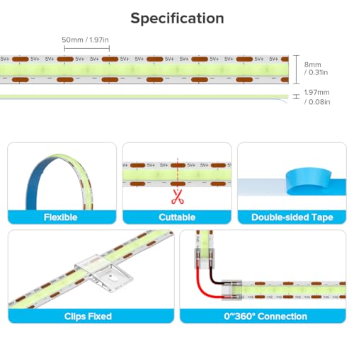Image of 6.56FT /2M 5V USB LED Light Strip Ice Blue Flexible High Density COB Strips 640LEDs, 8mm LED Tape for Under Cabinet Bedroom No Controller and Power