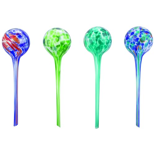 4-Piece Watering Globe Set, Colorful Hand-Blown Glass Plant Watering System