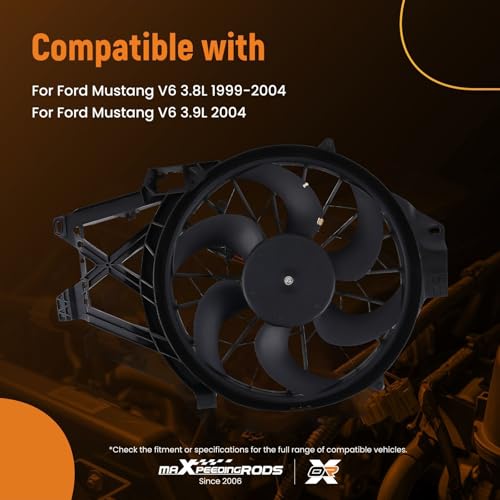 Image of maXpeedingrods Engine Radiator Cooling Fan Assembly for Ford Mustang V6 3.8L 1999-2004, for Ford Mustang V6 3.9L 2004 Replace # 1R3Z8C607CA, 3R3Z8C607A