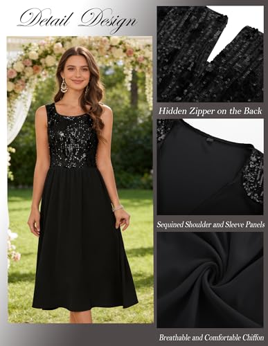 Image of GRACE KARIN Formal Wedding Guest Dress Sequin Mother of The Bride Dresses | Two Piece,3 /4 Sleeve,Tea Length,Crew Neck,Fit and Flare,Chiffon,Suitable for Spring /Summer /Fall /Winter /Cocktail /Party /Prom