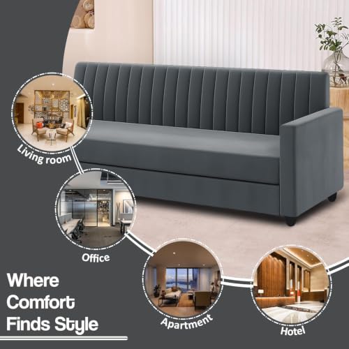 Image of 3+2 Fabric Sofa Set with Ottoman for Living Room | Modern Upholstered 5-Seater Couch | Soft Cushion, Premium Velvet Fabric - Grey Color