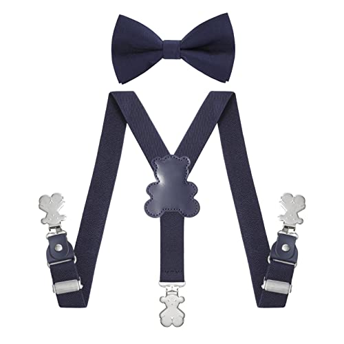Kajeer Suspenders for Boys with Bow Tie, Elastic Adjustable Y Back with Bow Tie Set (Navy Blue, L-85CM)