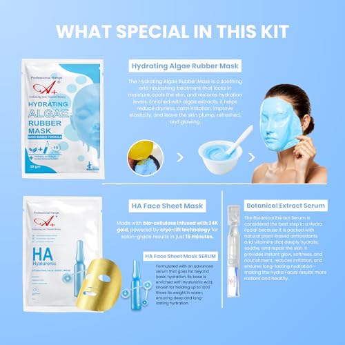 Image of A+ Hydra Facial Korean Monodose Kit | 6 Step Facial Kit with Sheet Mask & Rubber Mask | Fermented Rice Water & Ceramides | Nourishment, Hydration & Glowing Skin | For Men & Women