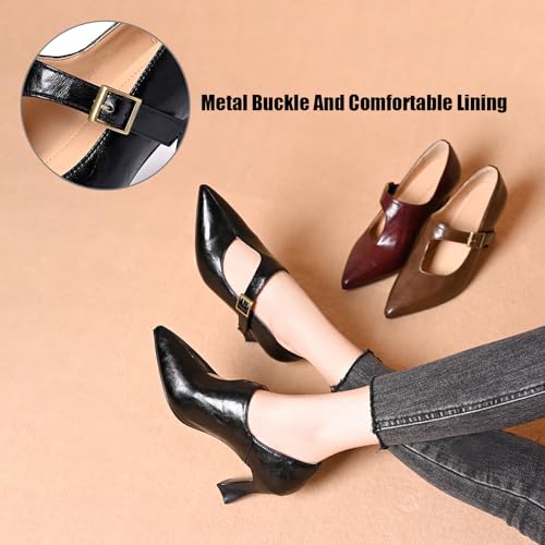 Women's Pu Kitten Heel T-Strap Pumps with Adjust Buckle Vintage Pointed Toe Mid Skinny Heel Dress Mary Janes for Work Office Party Daily4