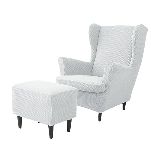 Ohrensesselhussen & Schonbezüge, Schutz-Set für Sessel und Fußhocker, Stretch-Stoff, Fellschutz, pflegeleicht, stilvolle Heimdekoration, rutschfest