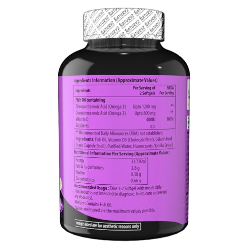 Image of Naturyz Vanilla Flavoured Triple Strength 2500mg Omega 3 Fish Oil with Vitamin D3|Highest Strength 2000 mg Omega 3 Per Serving (EPA 1200mg DHA 800mg) Deep Sea Fish Oil for Unisex-60 Capsules,100 grams