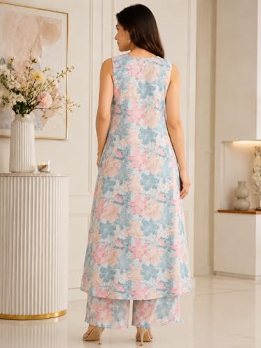 Image of Leriya Fashion Women's Summer Printed Kurta Pant Set | Sleeveless Lightweight Kurti with Palazzo Pants | Kurti Set for Woman | Casual, Office, Vacation & Everyday Outfit | Ethnic Kurta Sets for Woman